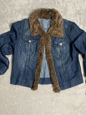 Allen B. By Allen Schwartz Blue Denim Jacket with Brown Faux Fur Trim